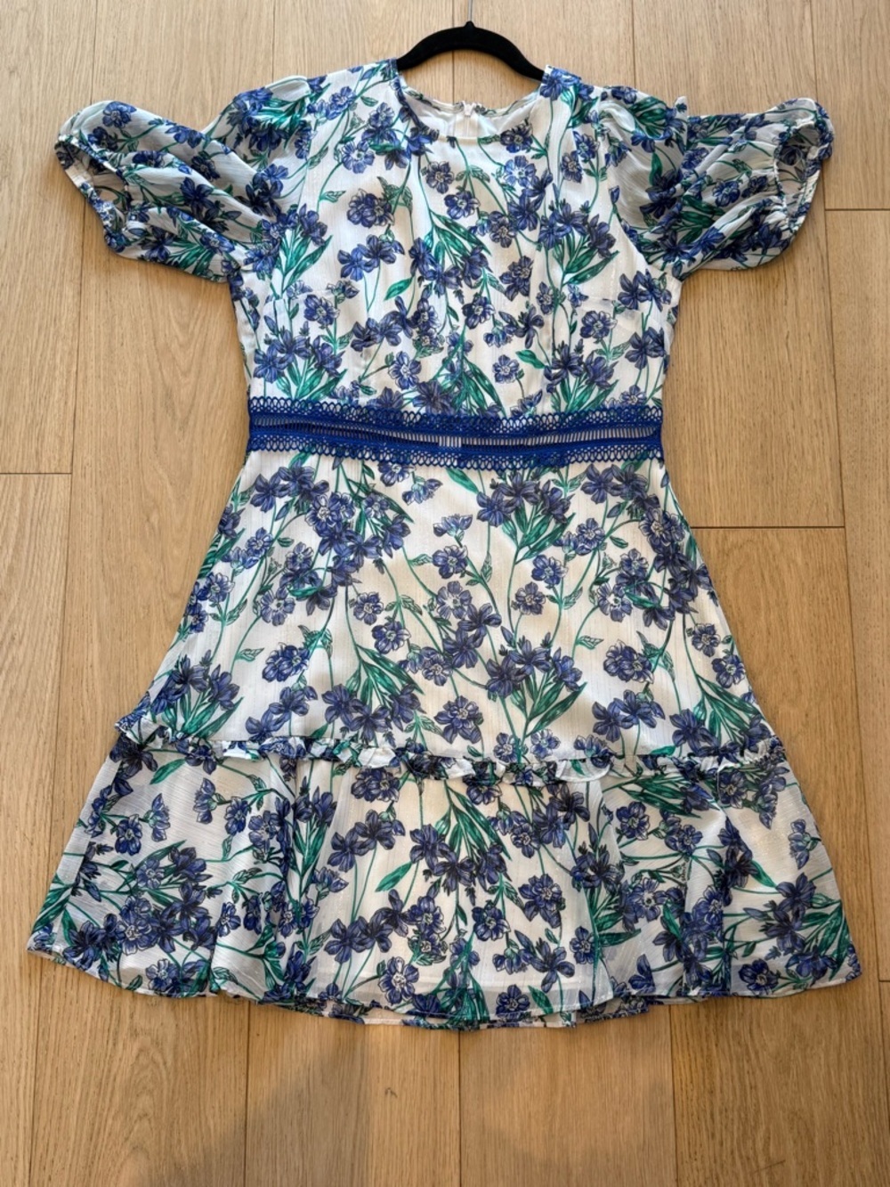 Donna Morgan Blue Floral Chiffon Mini Dress US 12 Romantic Puff Sleeve